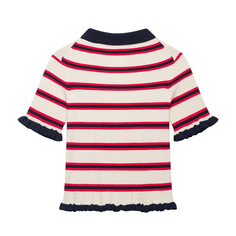 Damen Kurzärmelige Feinstrick-Cardigan mit Polokragen und Volantbündchen Drune