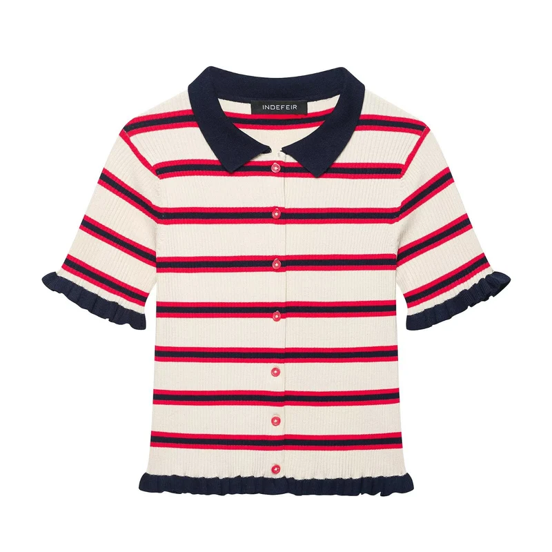 Damen Kurzärmelige Feinstrick-Cardigan mit Polokragen und Volantbündchen Drune