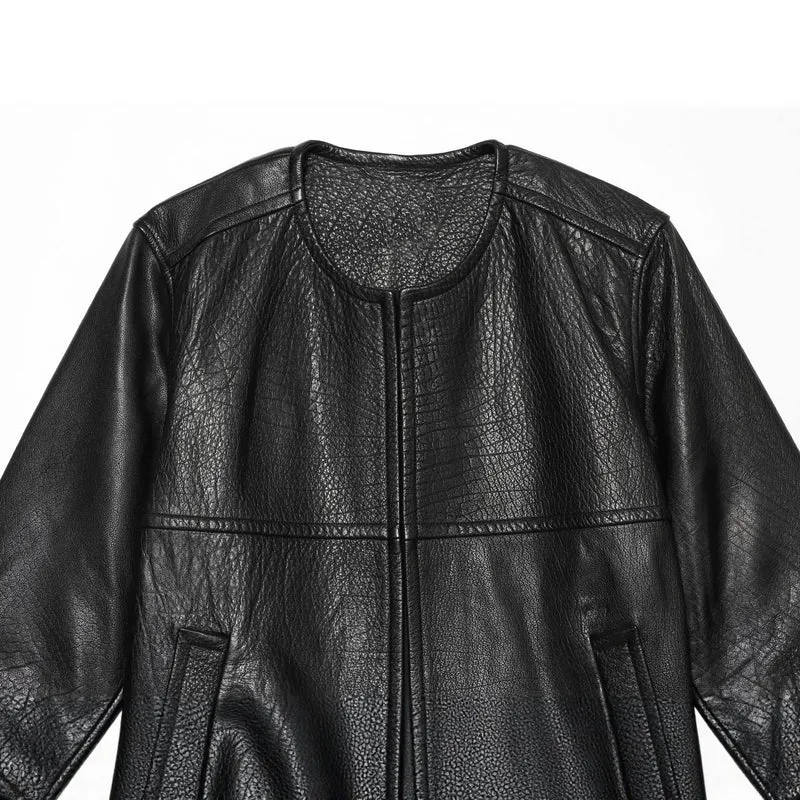 Damen Kurzarm-Lederimitatjacke mit Rundhalsausschnitt, geradem Schnitt und Eingrifftaschen Drune