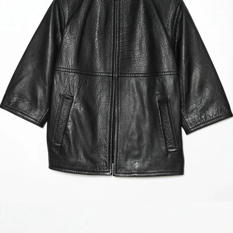 Damen Kurzarm-Lederimitatjacke mit Rundhalsausschnitt, geradem Schnitt und Eingrifftaschen Drune