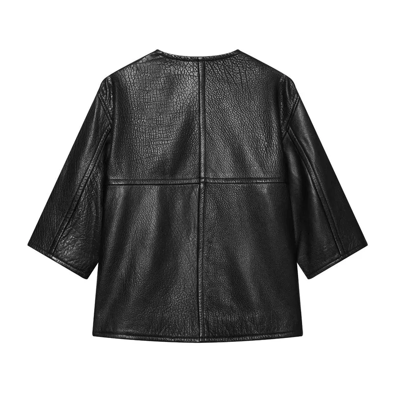 Damen Kurzarm-Lederimitatjacke mit Rundhalsausschnitt, geradem Schnitt und Eingrifftaschen Drune