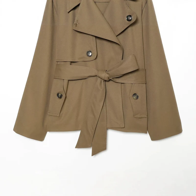 Damen kurz geschnittener Trenchcoat mit kontrastierendem Lederkragen und Taillengürtel Drune