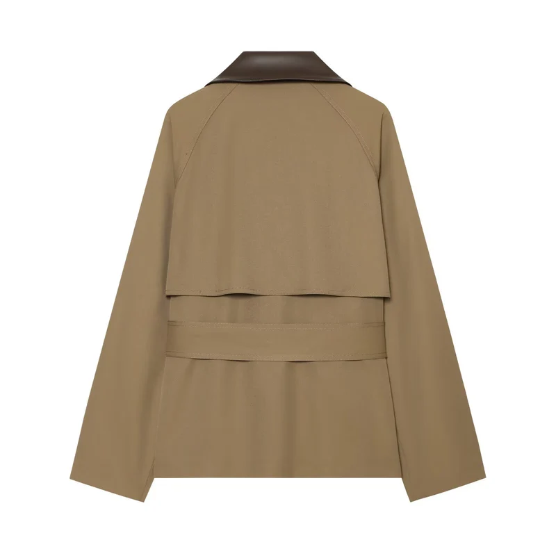 Damen kurz geschnittener Trenchcoat mit kontrastierendem Lederkragen und Taillengürtel Drune