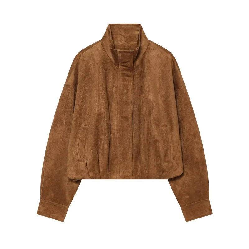 Damen Kurz geschnittene Oversize-Suede-Blousonjacke mit Stehkragen Drune