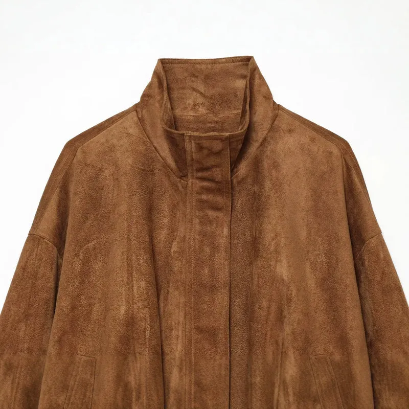 Damen Kurz geschnittene Oversize-Suede-Blousonjacke mit Stehkragen Drune