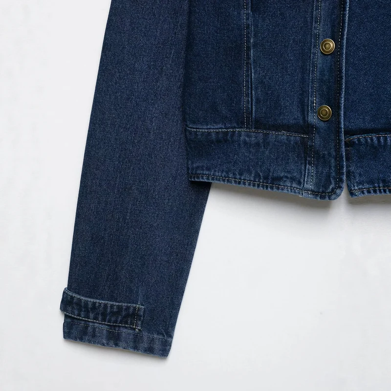 Damen Kurz geschnittene Jeansjacke im Military‑Stil mit Stehkragen Drune
