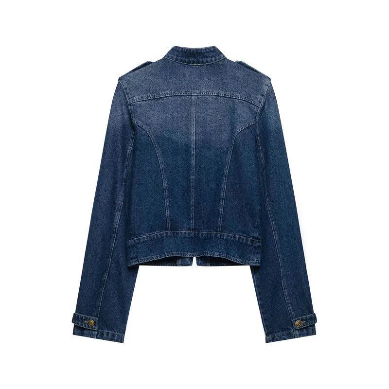 Damen Kurz geschnittene Jeansjacke im Military‑Stil mit Stehkragen Drune
