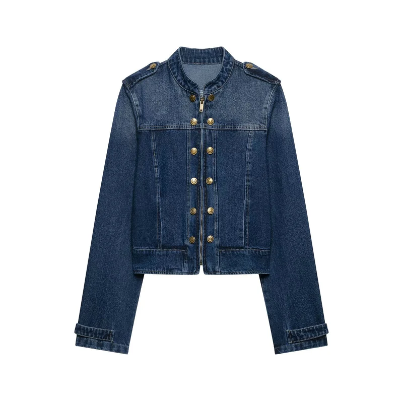 Damen Kurz geschnittene Jeansjacke im Military‑Stil mit Stehkragen Drune