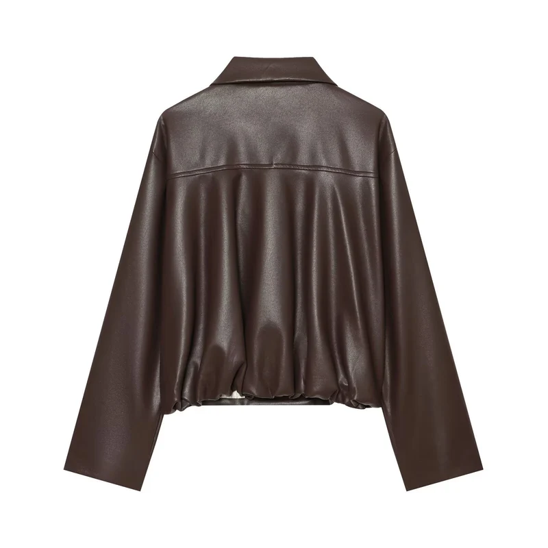 Damen Kurz geschnittene doppelreihige Kunstlederjacke mit weitem Hemdkragen Drune