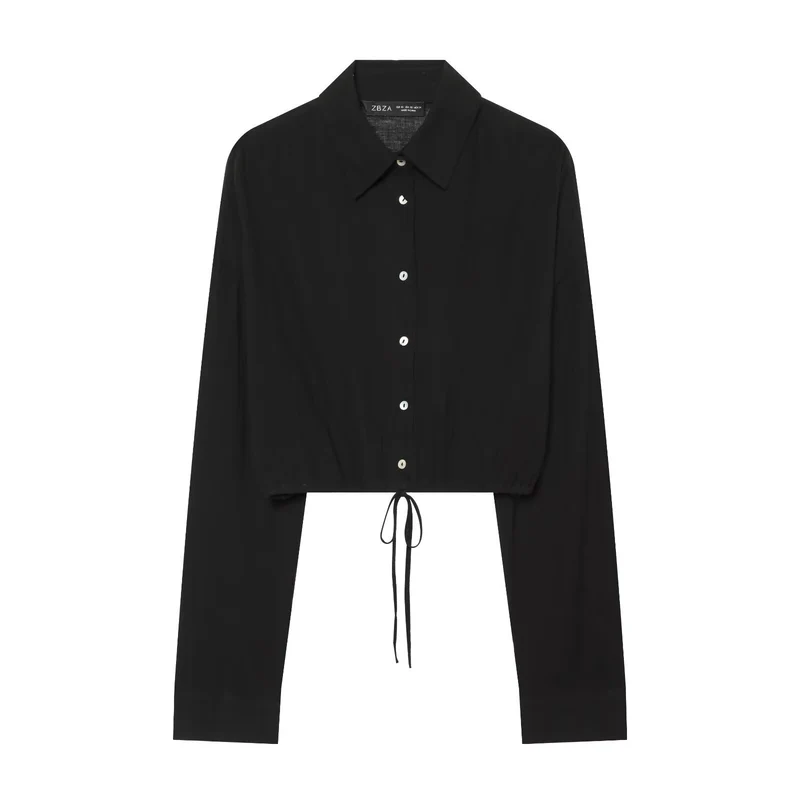 Damen Kurz geschnittene Bluse mit Spitzkragen, Knopfleiste und Kordelzug Drune