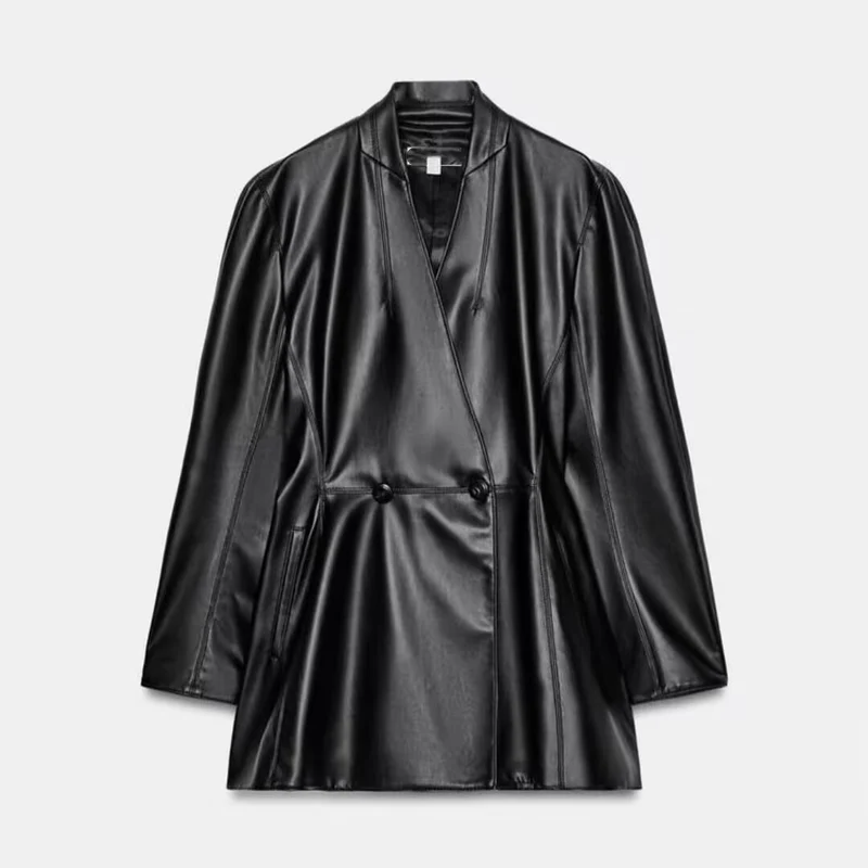 Damen Kunstleder-Blazer im Oversize-Schnitt mit Wickeloptik und taillierten Zierknöpfen Drune