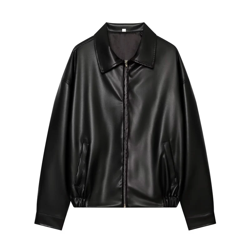 Damen Oversize Kunstleder-Bomberjacke mit Reißverschluss und elastischem Saum Drune