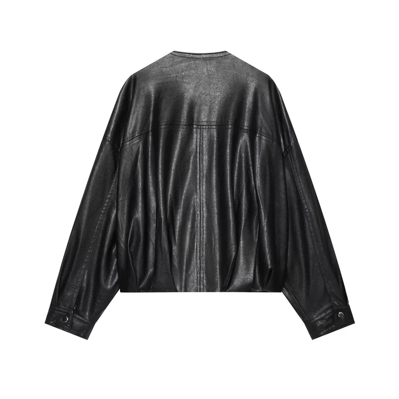 Damen Oversize Kunstleder-Blouson mit Rundhalsausschnitt, Reißverschluss und Eingrifftaschen Drune