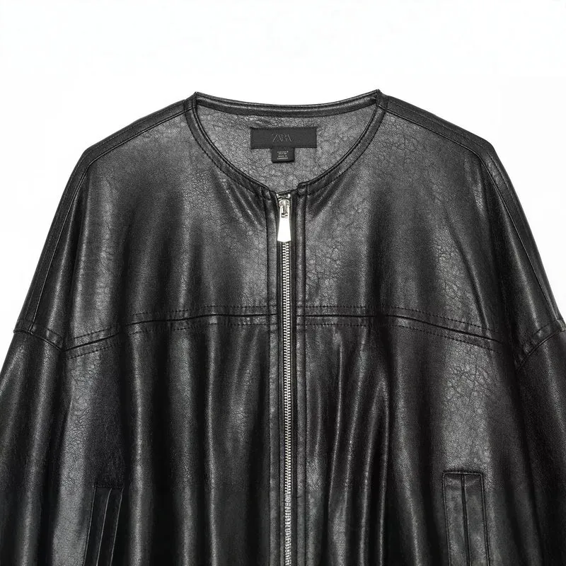 Damen Oversize Kunstleder-Blouson mit Rundhalsausschnitt, Reißverschluss und Eingrifftaschen Drune