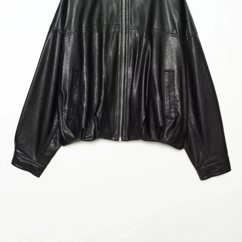 Damen Oversize Kunstleder-Blouson mit Rundhalsausschnitt, Reißverschluss und Eingrifftaschen Drune