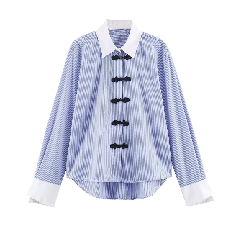Damen Oversize-Hemdbluse mit Froschknopf-Verschlüssen und Kontrastkragen Drune