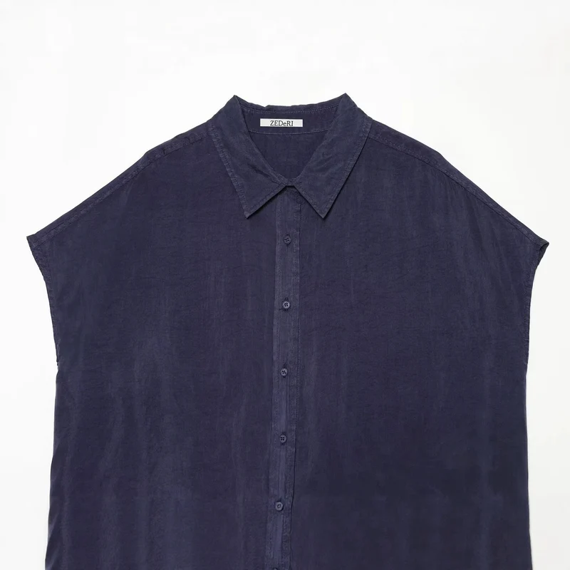 Damen Oversize Ärmellose Hemdbluse aus Leinenoptik mit durchgehender Knopfleiste Drune