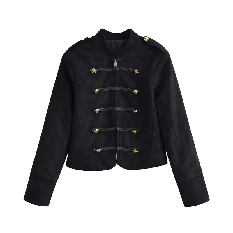 Damen Militärjacke kurz geschnitten mit Zierknöpfen und Stehkragen Drune