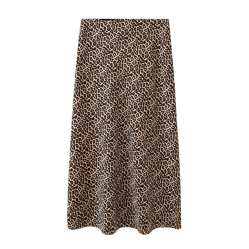Damen Midirock aus fließender Satinqualität in A‑Linie mit Leo‑Print Drune