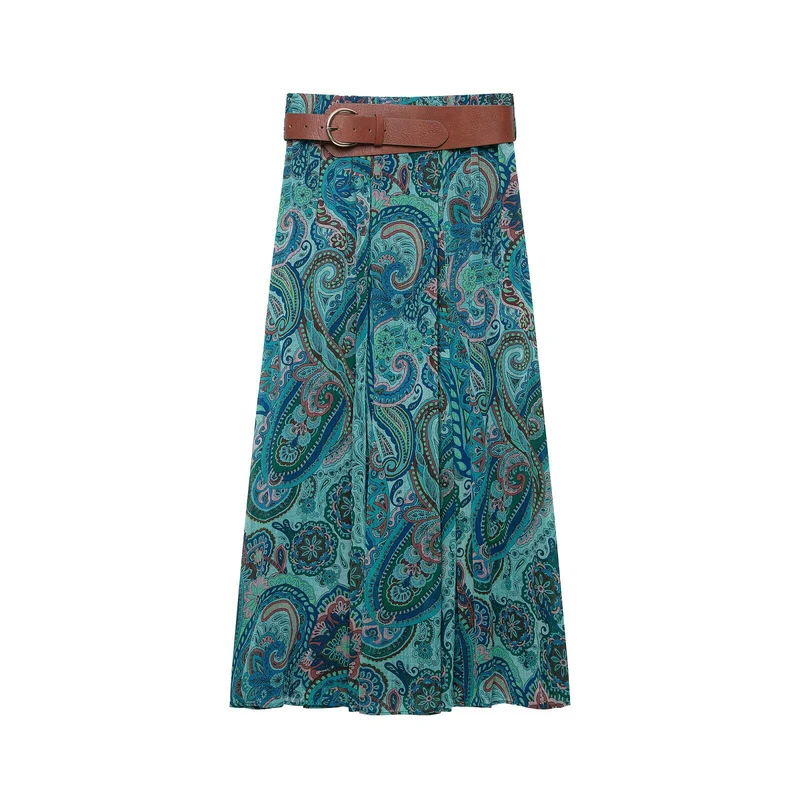Damen Maxirock mit Paisley-Print, leichtem Fall, Plissee-Details und Taillengürtel Drune