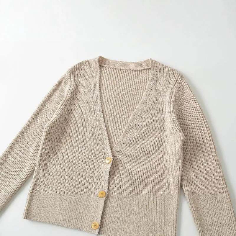 Damen Longline Strickcardigan mit V‑Ausschnitt und Holzknöpfen Drune