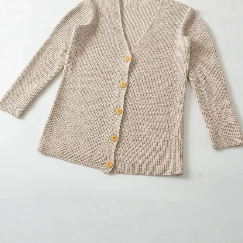Damen Longline Strickcardigan mit V‑Ausschnitt und Holzknöpfen Drune