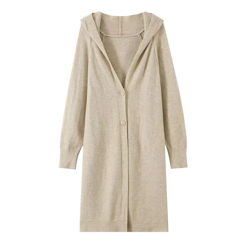 Damen Longline Strickcardigan mit Kapuze, Feinstrick und Knopfverschluss Drune