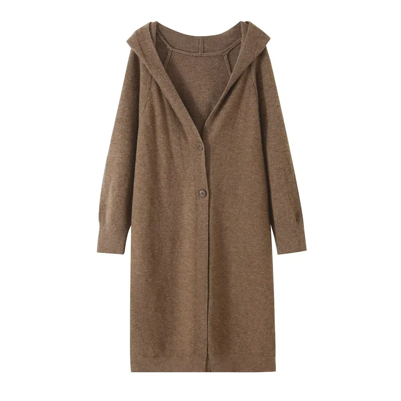 Damen Longline Strickcardigan mit Kapuze, Feinstrick und Knopfverschluss Drune