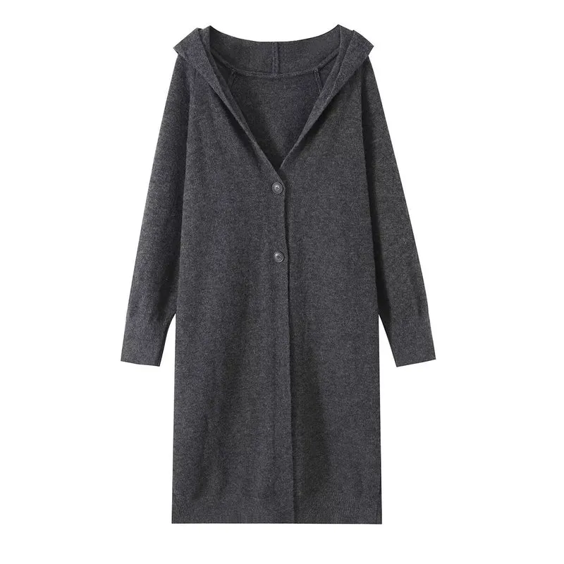 Damen Longline Strickcardigan mit Kapuze, Feinstrick und Knopfverschluss Drune