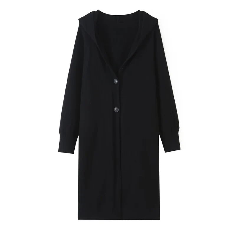 Damen Longline Strickcardigan mit Kapuze, Feinstrick und Knopfverschluss Drune