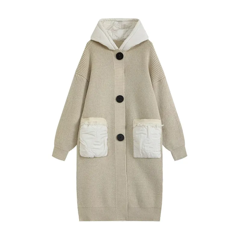 Damen Longline Grobstrickmantel mit gesteppter Kapuze und übergroßen Fronttaschen Drune
