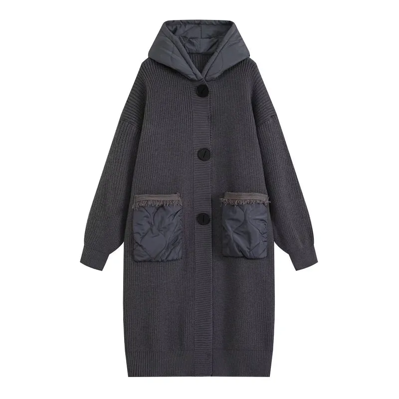 Damen Longline Grobstrickmantel mit gesteppter Kapuze und übergroßen Fronttaschen Drune