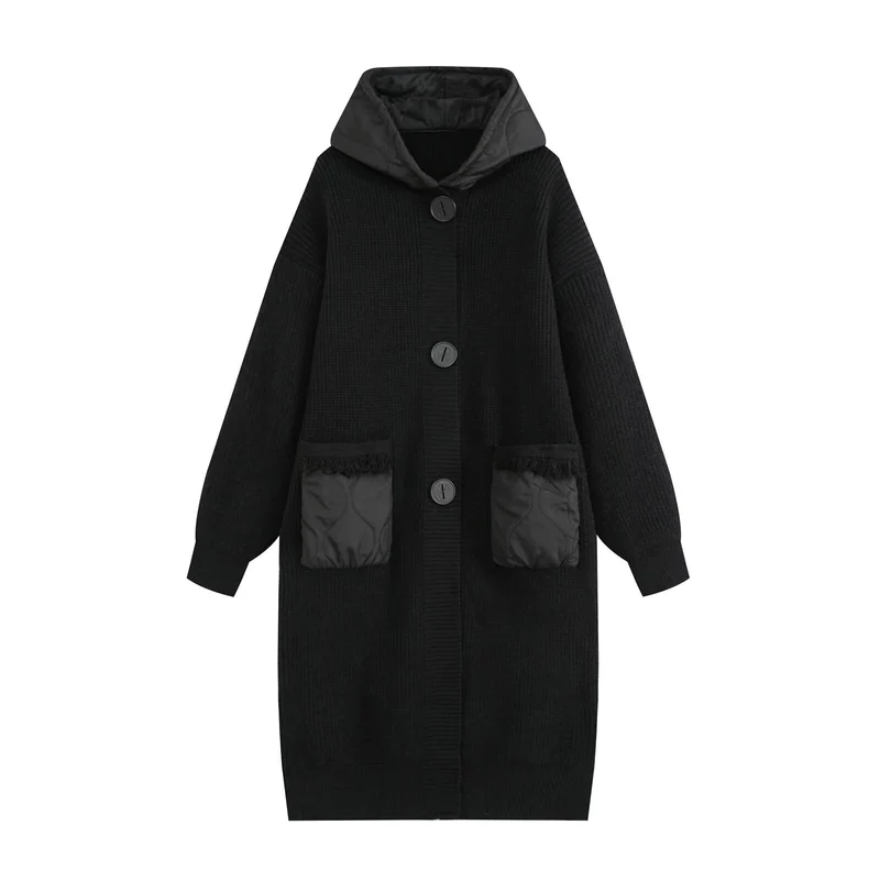 Damen Longline Grobstrickmantel mit gesteppter Kapuze und übergroßen Fronttaschen Drune