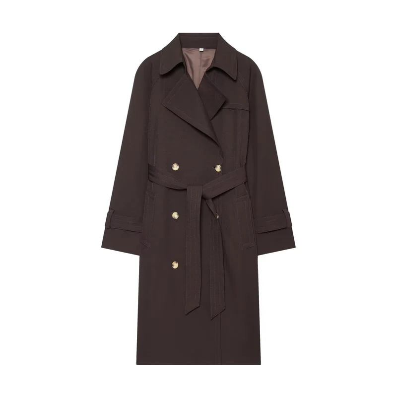Damen Longline Doppelreihiger Trenchcoat mit Taillengürtel, Ziernähten und Umlegekragen Drune