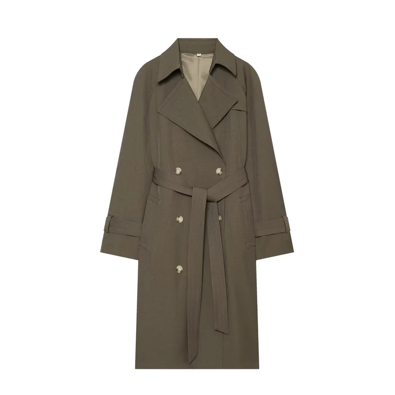 Damen Longline Doppelreihiger Trenchcoat mit Taillengürtel, Ziernähten und Umlegekragen Drune