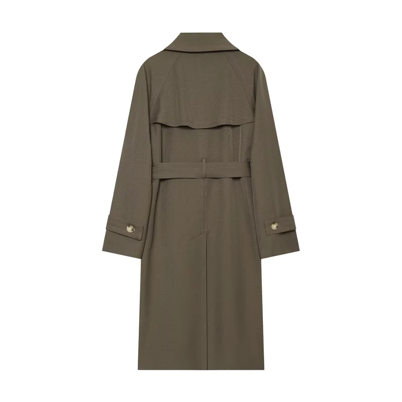 Damen Longline Doppelreihiger Trenchcoat mit Taillengürtel, Ziernähten und Umlegekragen Drune