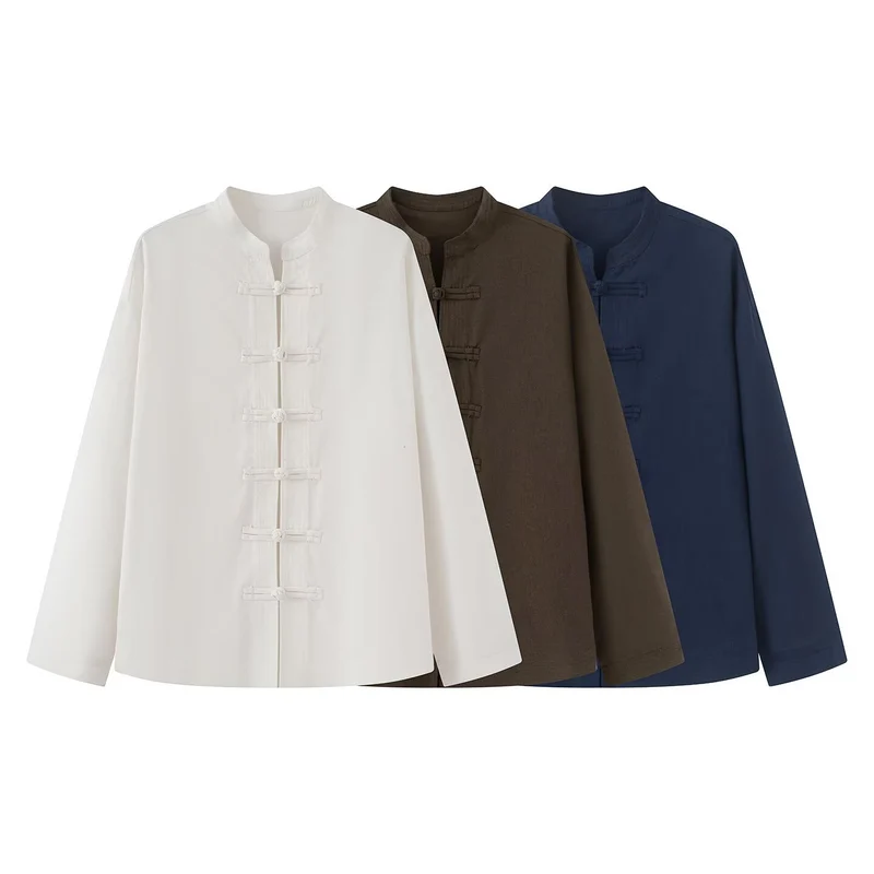Damen Lockerer Leinen‑Mix Blouson mit Stehkragen und Knotenverschlüssen Drune