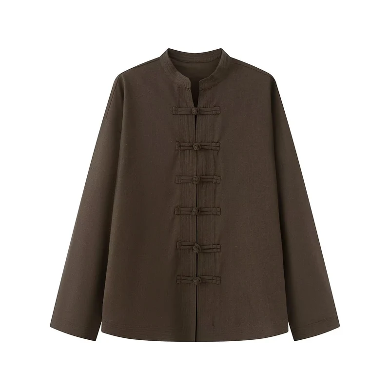 Damen Lockerer Leinen‑Mix Blouson mit Stehkragen und Knotenverschlüssen Drune