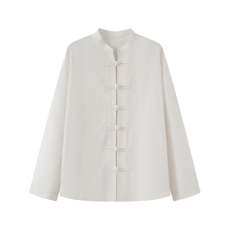 Damen Lockerer Leinen‑Mix Blouson mit Stehkragen und Knotenverschlüssen Drune