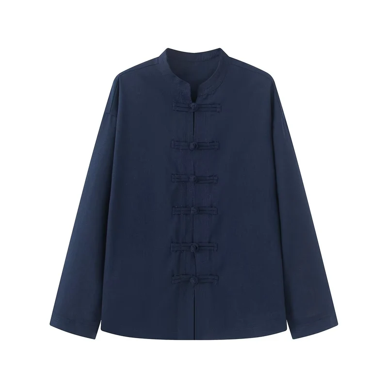 Damen Lockerer Leinen‑Mix Blouson mit Stehkragen und Knotenverschlüssen Drune
