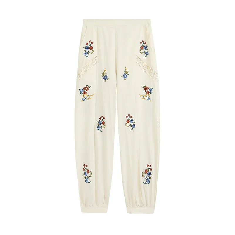 Damen Locker geschnittene Boho-Hose mit floraler Stickerei, Spitzeneinsätzen und elastischen Bündchen Drune