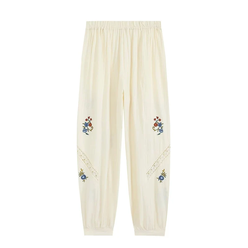 Damen Locker geschnittene Boho-Hose mit floraler Stickerei, Spitzeneinsätzen und elastischen Bündchen Drune