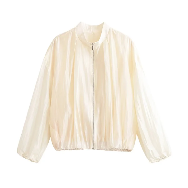Damen Leichtes Cropped-Blouson aus Satinoptik mit Stehkragen und Elastiksaum Drune