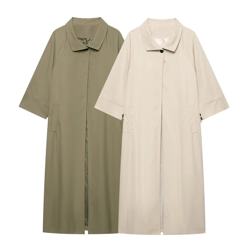 Damen Leichter langer Trenchcoat mit dreiviertelweiten Ärmeln und verdeckter Knopfleiste Drune