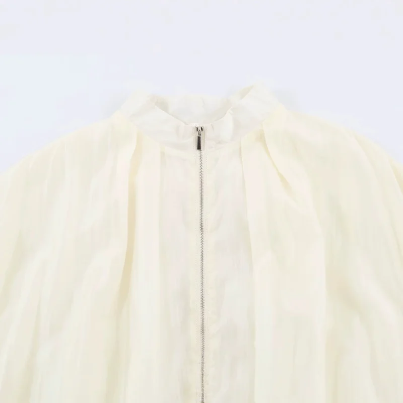 Damen Leichte semitransparente Blousonjacke mit Ballonärmeln und Metallreißverschluss Drune