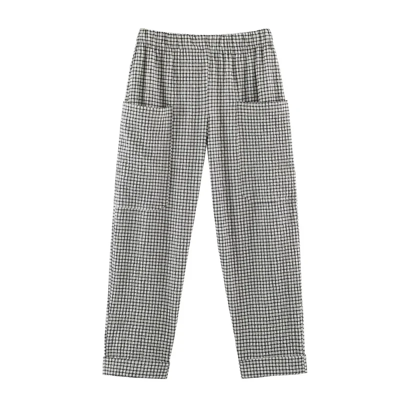 Damen Leichte karierte Seersucker-Hose mit Gummibund, aufgesetzten Taschen und schmal zulaufendem Bein Drune