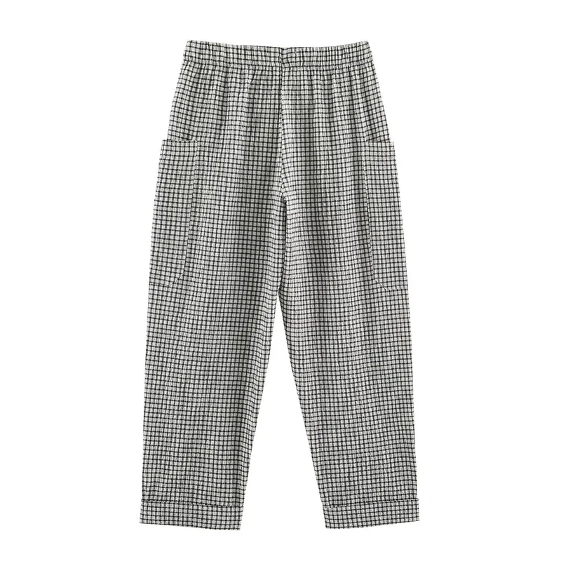 Damen Leichte karierte Seersucker-Hose mit Gummibund, aufgesetzten Taschen und schmal zulaufendem Bein Drune