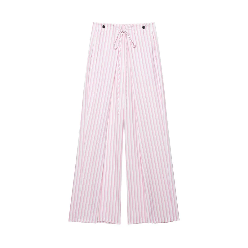 Damen Leichte Highwaist Palazzohose mit weitem Bein, Tunnelzug und vertikalem Streifenmuster Drune