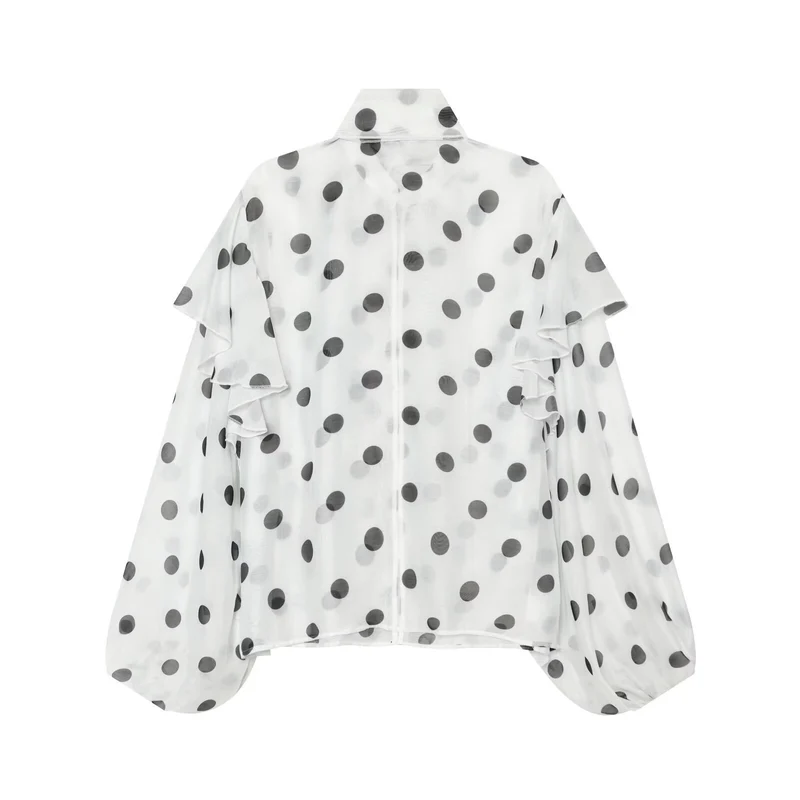 Damen Leichte Chiffonbluse mit Volants, Schleifenkragen und Pünktchenprint Drune
