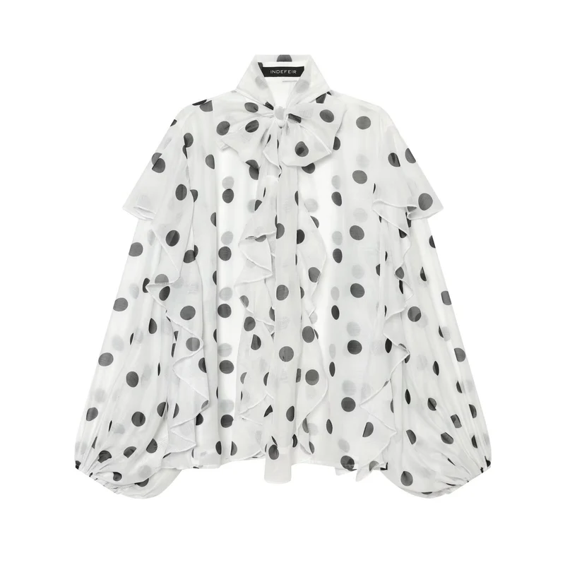 Damen Leichte Chiffonbluse mit Volants, Schleifenkragen und Pünktchenprint Drune